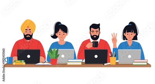 Diverse group of people working on laptops together