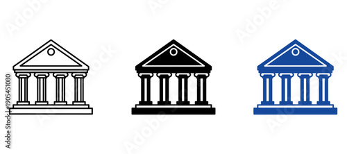 Bank and Government Building Icon Set, Neoclassical Architecture Pillars, Vector Law and Justice Finance Symbol Pack