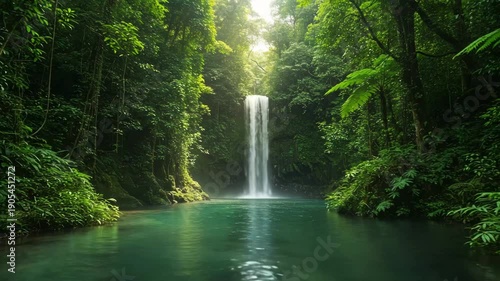 Serene waterfall cascading into tranquil pool surrounded by lush forest  