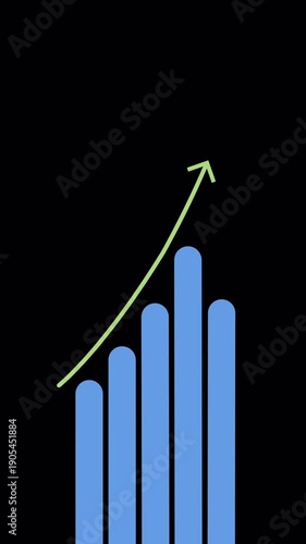 Bar chart animate increasing business income. Arrow cartoon animation show exponential wealth in alpha channel transparent background portrait video.
