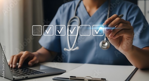 A healthcare professional using a laptop and checking off a list of tasks