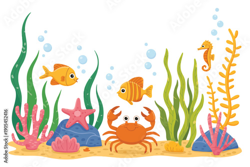 Ocean Coral Reef Vector Composition with Sea Fish, Coral and Seaweed, Underwater Life Featuring Crab, Algae, Sea Plants, Seahorse, Starfish and Shells, Aquarium Concept