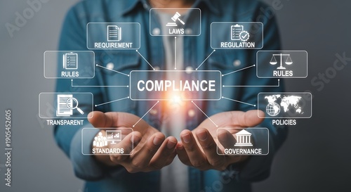 A person holding a holographic display showcasing compliance processes and regulatory frameworks