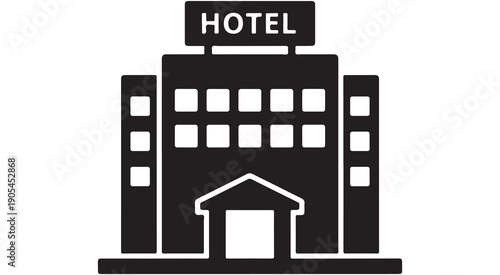 Black Silhouette Icon of a Hotel Building with a Sign, Representing Accommodation