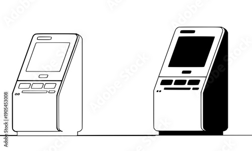 Self-service kiosk machine illustration in black and white - automated payment terminal with touchscreen for retail, banking, and ticketing station design
