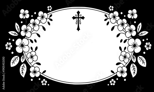 White floral frame with Christian cross on black background - elegant memorial funeral border design with decorative flowers for religious ceremony and commemoration