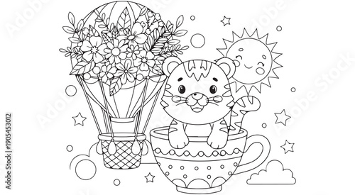 Cute Coloring Page of a Tiger in a Teacup with a Hot Air Balloon and Sun