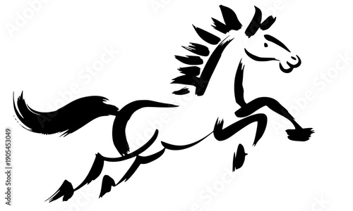 Black and white leaping horse illustration with flowing mane - dynamic galloping stallion silhouette in artistic ink brush style for elegant logo design