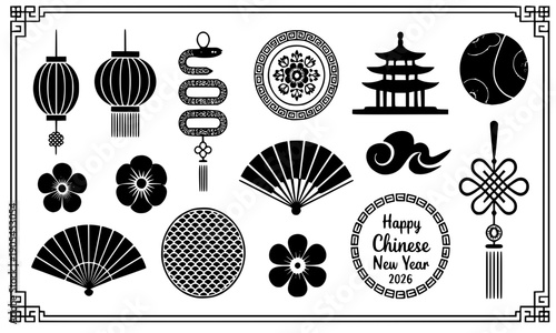 Chinese New Year design elements collection in black and white with traditional lanterns, pagoda, fans, and ornamental patterns - Asian festival decoration symbol set