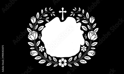 White laurel wreath with Christian cross and roses on black background - elegant religious memorial frame border for funeral, wedding, or ceremonial decoration