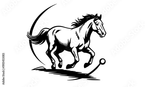 Dynamic black and white running horse illustration with ink brush stroke art - galloping stallion silhouette in traditional Asian calligraphy style for elegant design