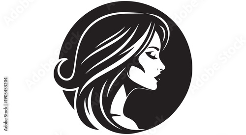 Black and White Circular Graphic of a Woman's Profile with Flowing Hair