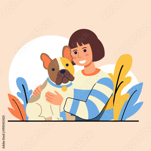 Woman hug french bulldog. Conecpt of connection and relationship