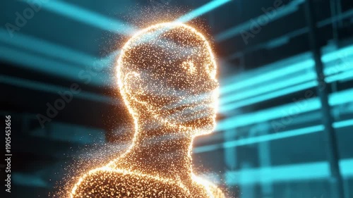 Futuristic human figure made of glowing particles in digital environment  