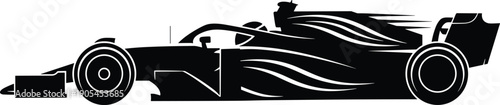 Formula 1 race car silhouette illustration, sleek aerodynamic design with large tires driver cockpit wings flowing lines, vector artwork, motorsport and speed theme, isolated background