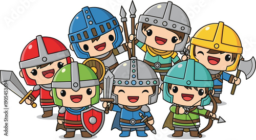 Medieval warrior cartoon illustration set, seven diverse figures in colorful armor with swords spears axe bow shield, playful vector artwork, fantasy and history theme, isolated background
