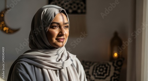 A woman in a hijab looking out a window with a moon and stars decoration.