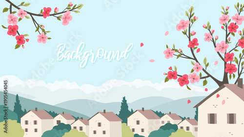 Spring village with cherry blossom trees against the backdrop of sky and mountains.