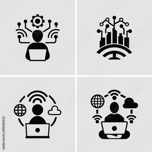 Four black icons depicting digital connections people and technology