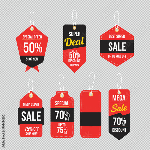 A collection of colorful sale tags and labels displaying various discount percentages and promotional offers