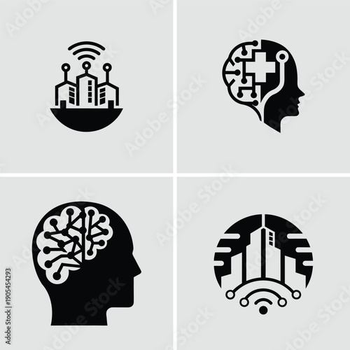 Four black icons representing artificial intelligence brains and cities