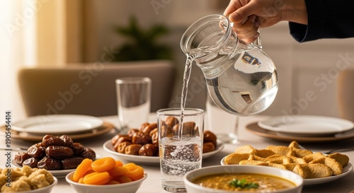 A hand pouring water into a glass on a dining table with various dishes and fruits.