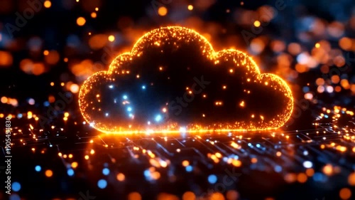 Glowing Digital Cloud Symbol with Particles and Lights.