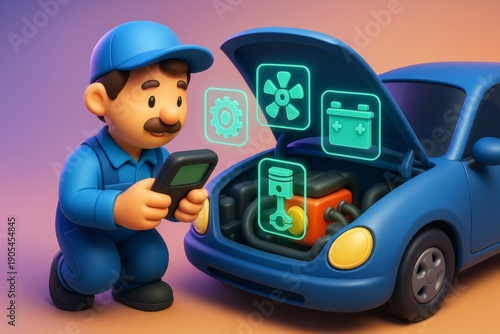 Cartoon mechanic using digital tablet to diagnose car engine with floating icons, showcasing futuristic auto repair technology concept. Ai generative