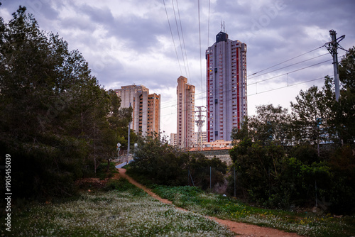 Fotografie Urban Skyline of Benidorm from a Natural Pathway