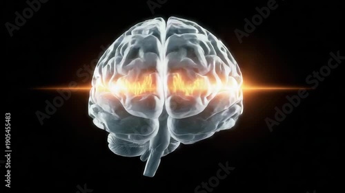 Human brain diagram with glowing neural connections on black background  