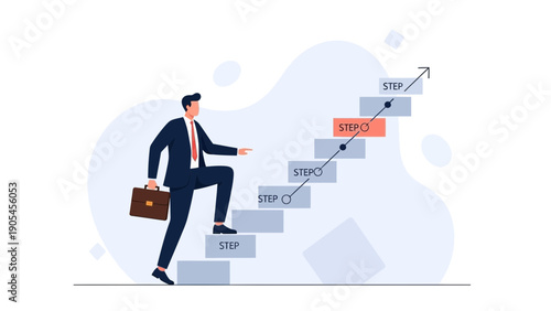 Businessman climbing stairs upwards, symbolizing career growth and success