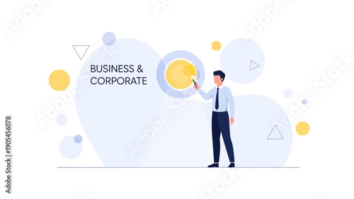 Businessman pointing at target with presentation on abstract background