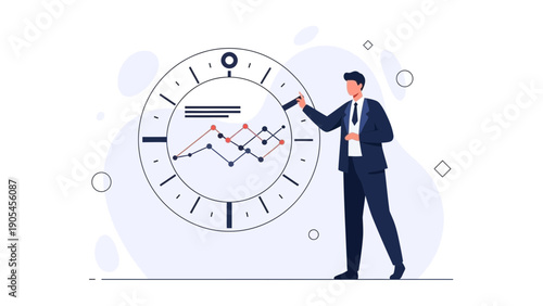 Businessman pointing at stock chart inside a clock face, business strategy concept