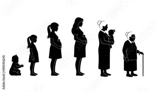 Female aging and motherhood life cycle black silhouette vector illustration