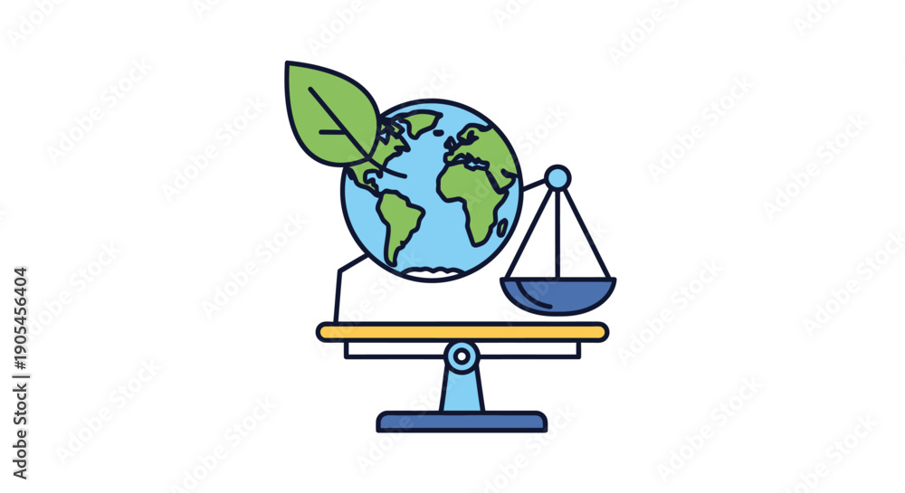 Obraz premium A simple illustration of a scale balancing a globe with a leaf on one side and a weight on the other against a clean white background with eco-friendly and justice themes.