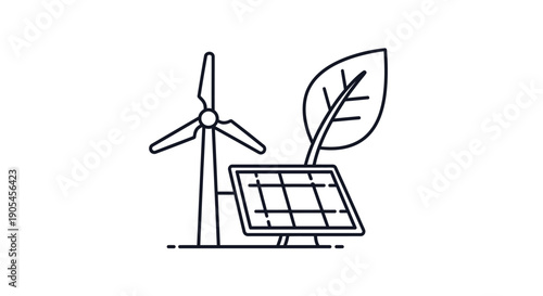Line drawing of a wind turbine and solar panel with a leaf on a white background, symbolizing renewable energy.