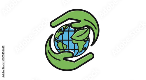 Illustration of two green hands cradling a globe with a leaf on a white background with a calming and eco-friendly mood.