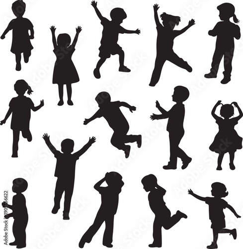 Black silhouettes of children in various playful poses and movements