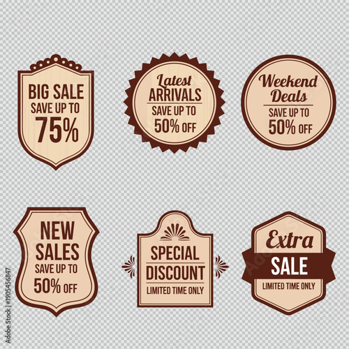 A collection of vintage style sale badges and labels with discount offers displayed on a beige background