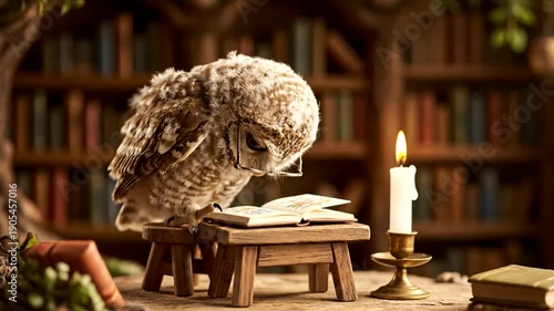 Owl Reading a Book by Candlelight in a Library.