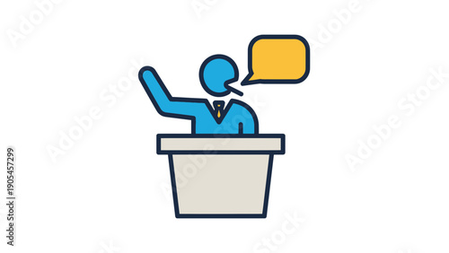 Speaker at podium giving speech with speech bubble