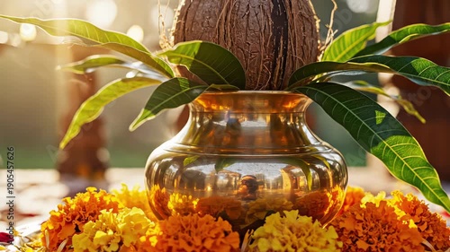 A sacred brass kalash pot adorned with vibrant marigold flowers and fresh green leaves topped with a coconut under warm golden hour sunlight a traditional Hindu offering vessel symbol of prosperity