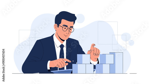 Businessman Analyzing Financial Growth with Calculator and Blocks