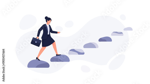 Businesswoman climbing stairs, career growth, success, ambition, modern vector illustration