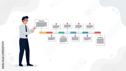 Businessman presenting timeline with tasks and milestones on a white background
