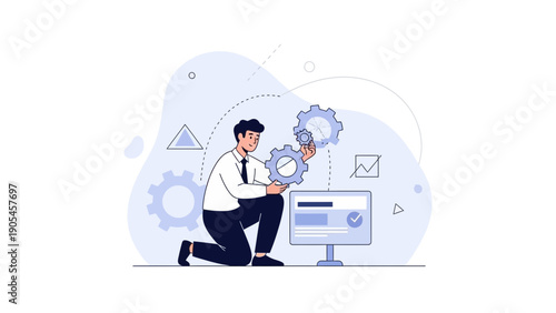 Man installing gears on computer for business process improvement and workflow optimization