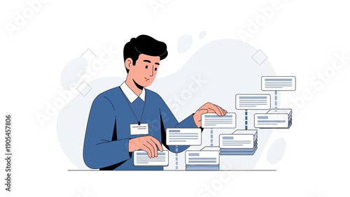 Businessman Arranging Project Management Flowchart or Organization Chart
