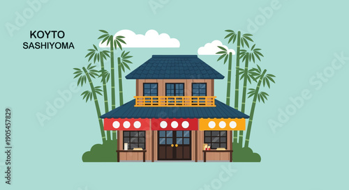 A charming traditional Japanese building with a blue tiled roof and vibrant shop awnings, nestled amongst a lush bamboo forest under a clear sky