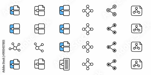 A set of modern file sharing and network connection icons in a flat design style