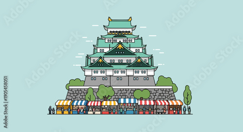 A charming illustration of a Japanese castle with a bustling market at its base, set against a serene light blue background, evoking a sense of cultural heritage and vibrant local life